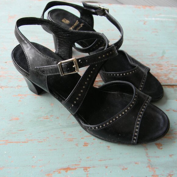 GRAVATI MADE IN ITALY BLACK OPEN TOE LEATHER BLOCK LOW HEELS SZ 7.5M - Picture 1 of 6